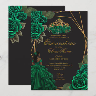 Black Green Rose Goldene Prinzessin Quinceañera Einladung