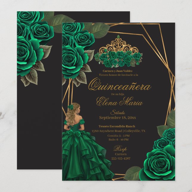 Black Green Rose Goldene Prinzessin Quinceañera Einladung (Vorne/Hinten)