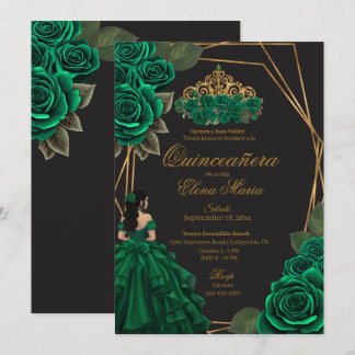 Black Green Rose Goldene Prinzessin Quinceañera Einladung