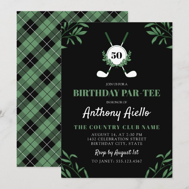 Black Greenery Golf Themed Birthday Par-Tee Einladung (Vorne/Hinten)