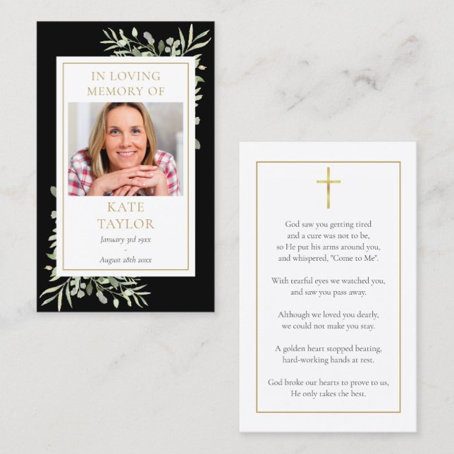 Black Greenery Photo Funeral Cartes de prières com (Devant / Derrière)