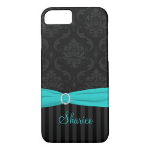 Black Grey Aqua Damask Striped iPhone 7 Coque
