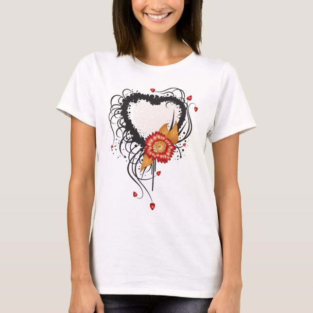 Black Grunge Style Herz und Blume T-Shirt (Vorderseite)