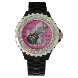 Black Guitar Pink Sheet Music Silver Crystal Armbanduhr