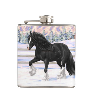 Black Gypsy Vanner Irish Cob Draft Horse in Snow Flachmann
