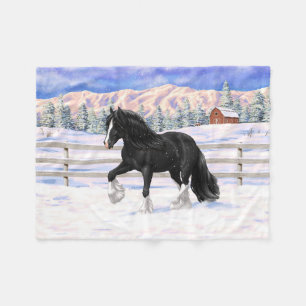Black Gypsy Vanner Irish Cob Draft Horse in Snow Fleecedecke