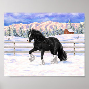 Black Gypsy Vanner Irish Cob Draft Horse in Snow Poster