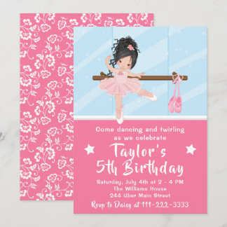 Black Hair Ballerina in Pink Tutu Geburtstag Einladung
