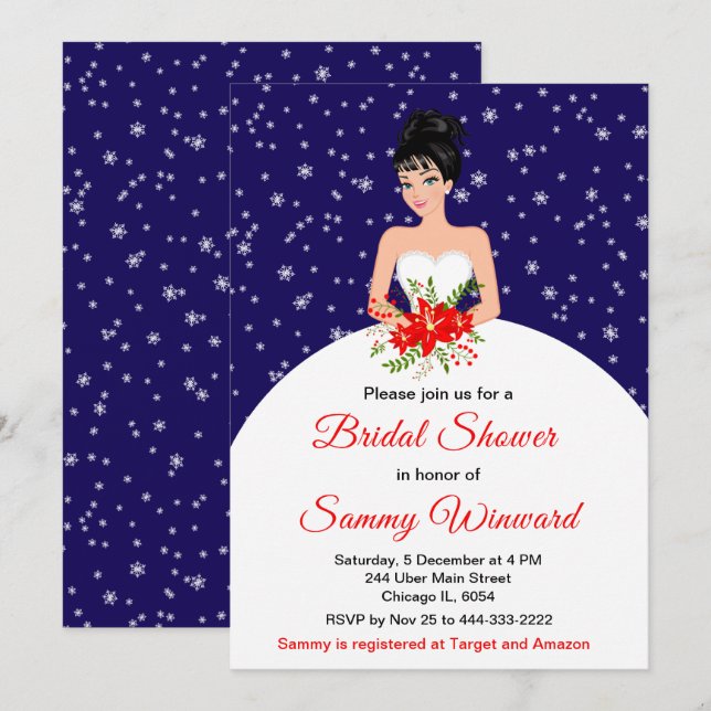 Black Hair Bridge Snowflake Navy Brautparty Einladung (Vorne/Hinten)