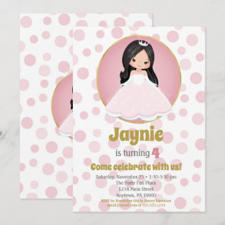 Black Hair Pink Princess Girls Einladung zum Gebur