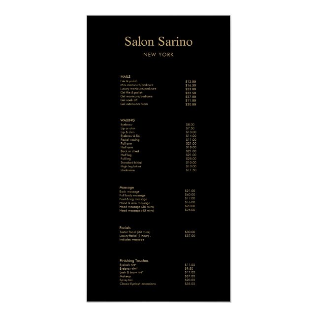 Black Hair Salon Service Price List Menü Poster (Vorderseite)