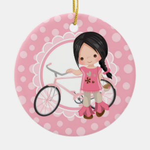 Black Haired Bicycle Girl - Pink White Keramik Ornament