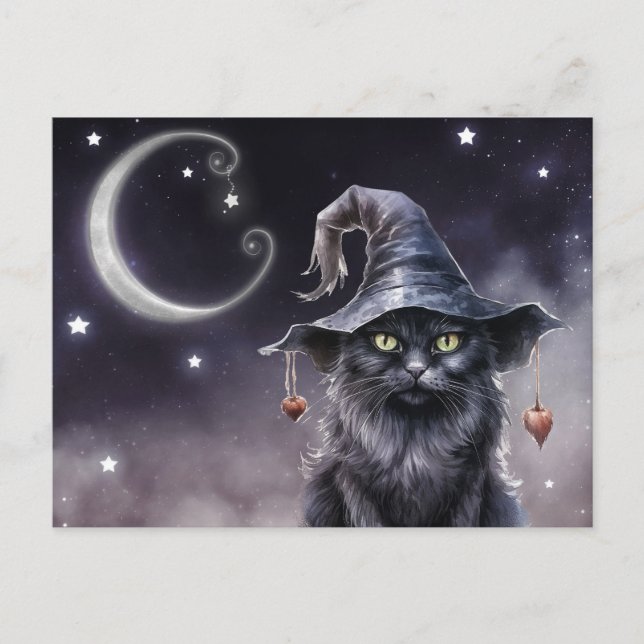 Black Halloween Cat Tragen einer Hexenhut-Postkart Postkarte (Vorderseite)