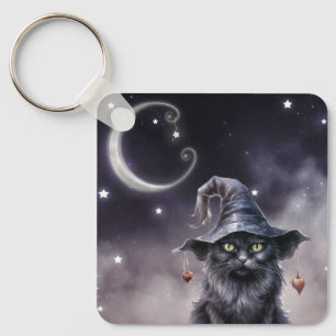 Black Halloween Cat Tragen eines Hexenhut-Schlüsse Schlüsselanhänger