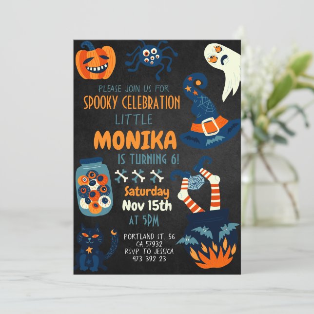 Black Halloween Hexe Cauldron Birthday Einladung (Stehend Vorderseite)