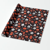Black Halloween Pattern with pumpkins and ghosts