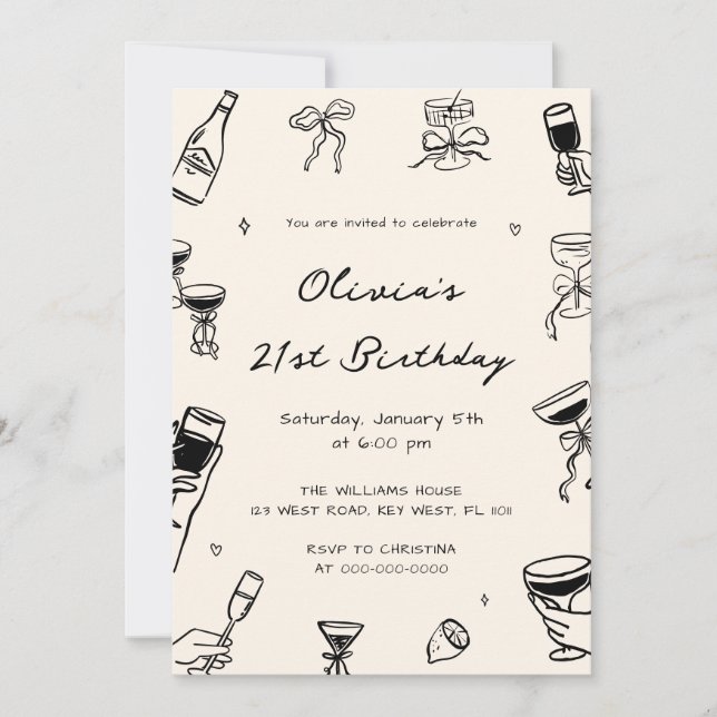 Black Hand Drawn Adult Birthday Party  Einladung (Vorderseite)