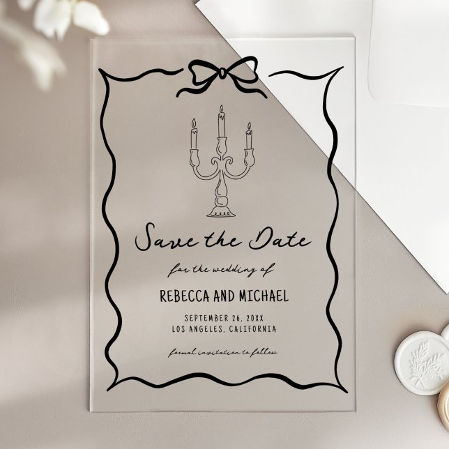 Black Hand Drawn Bow Wedding Save the Date Acryleinladungen (Von Creator hochgeladen)