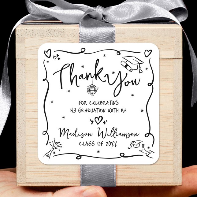 Black Hand Drawn Doodle Graduation Thank You White Quadratischer Aufkleber (Von Creator hochgeladen)