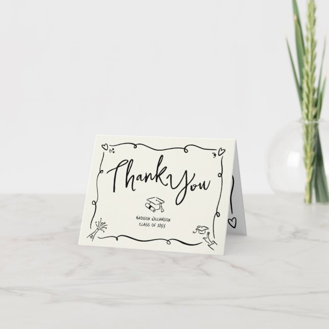 Black Hand Drawn Doodle Style Graduation Cream Fun Dankeskarte (Vorderseite)