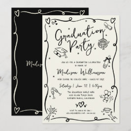 Black Hand Drawn Doodles Graduation Party Cream Einladung