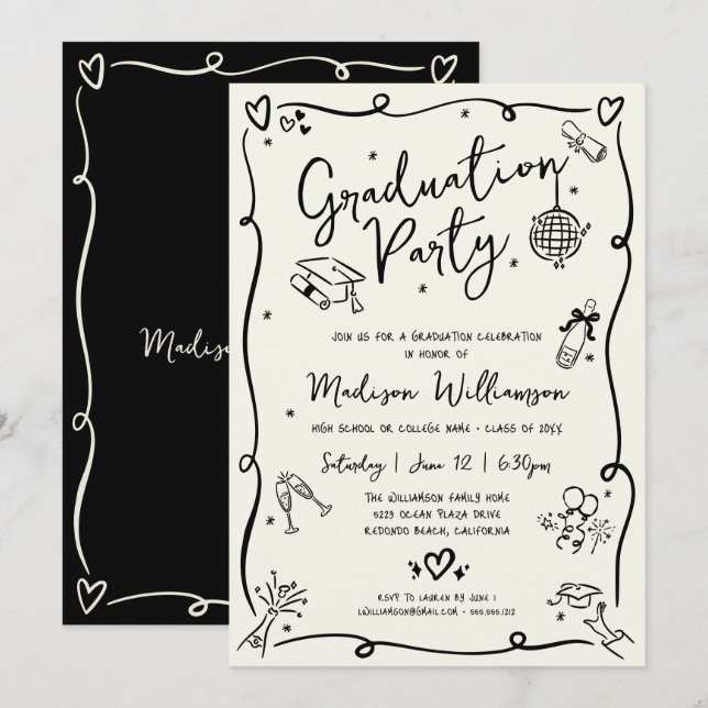 Black Hand Drawn Doodles Graduation Party Cream Einladung (Vorne/Hinten)