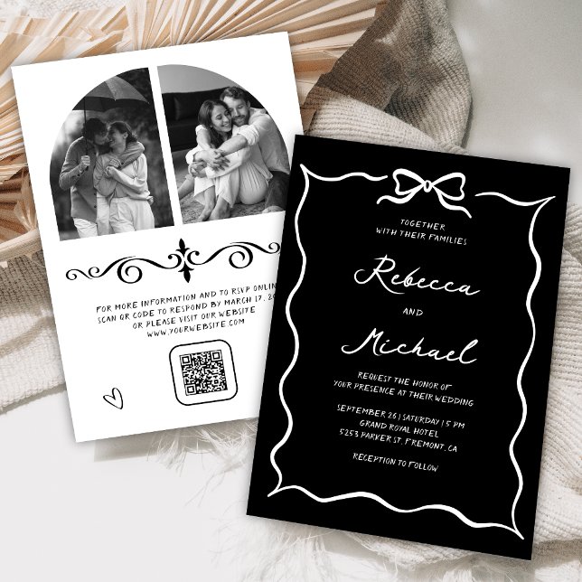 Black Hand Drawn White Bow QR Code Photo Wedding Einladung (Von Creator hochgeladen)