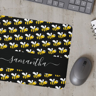 Black happy bumble bees fun humor monogram script mousepad