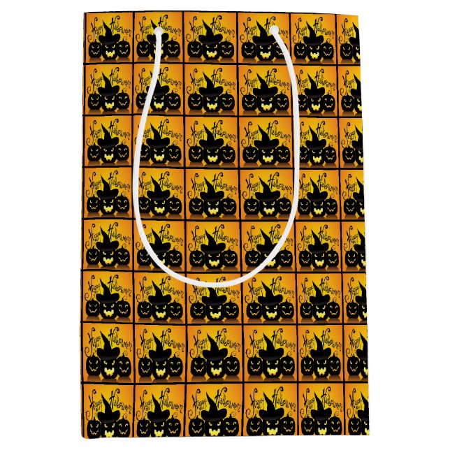 Black Happy Halloween Pumpkins Mittlere Geschenktüte (Vorderseite)