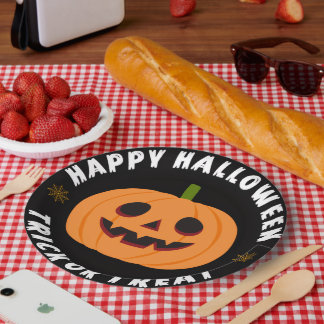 Black Happy Halloween Trick or Treat Pappteller