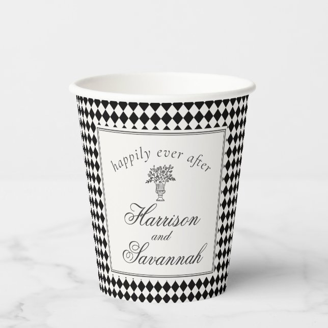 Black Harlequin Checkered Wedding Pappbecher (Vorderseite)