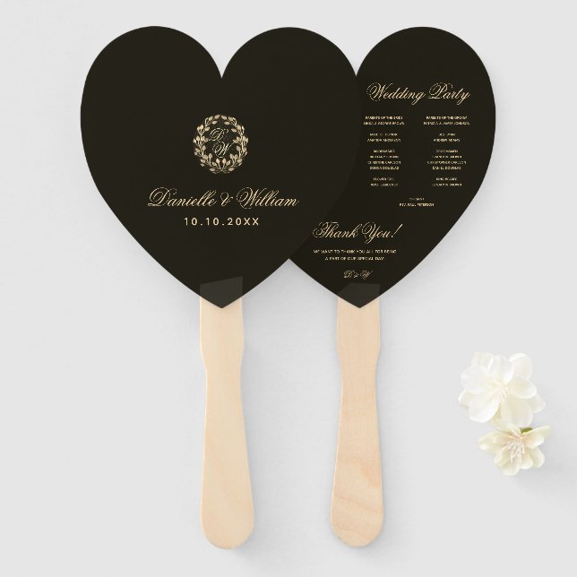 Black Heart Gold Wreath Monogram Wedding Program Fächer (Vorne und Hinten)