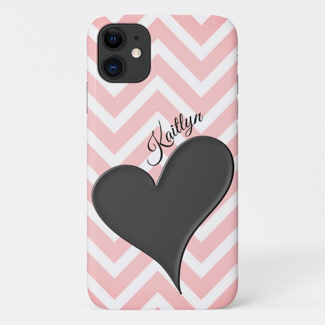 Black Heart on Pink Zickzack Strip Phone Case (Rückseite)