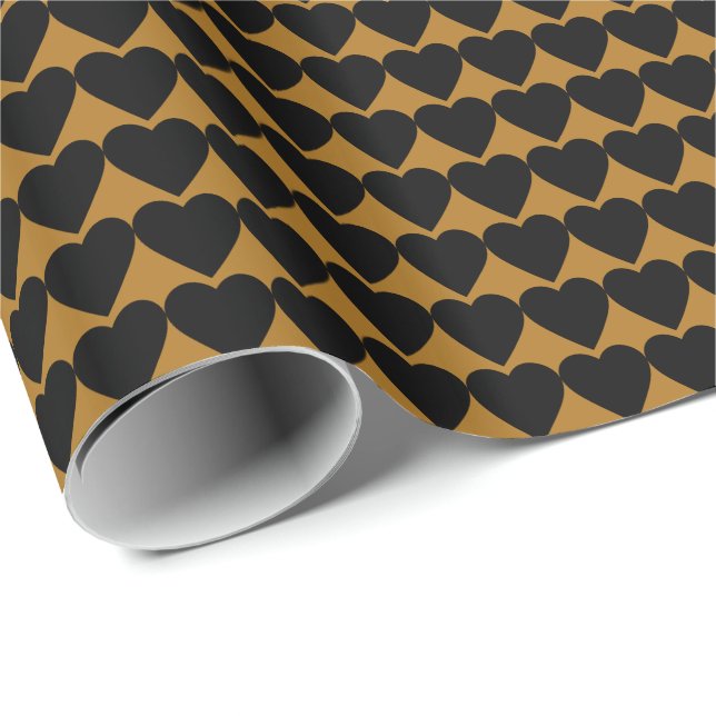 Black Hearts on Matte Gold Geschenkpapier (Rolleneckpunkt)