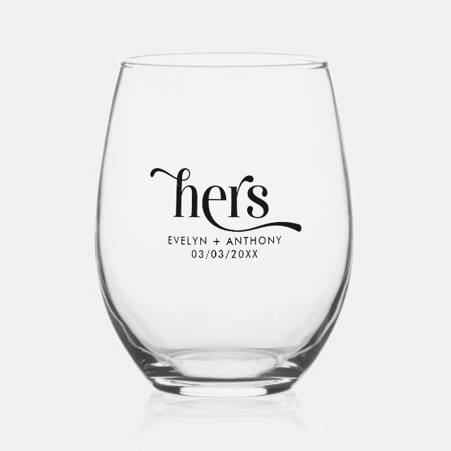 Black Hers Elegantes Typografie-Design Weinglas Ohne Stiel (Vorderseite)