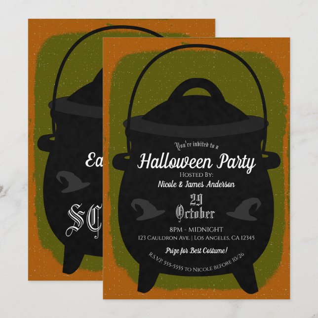 Black Hexe Cauldron Orange Green Halloween-Party Einladung (Vorne/Hinten)