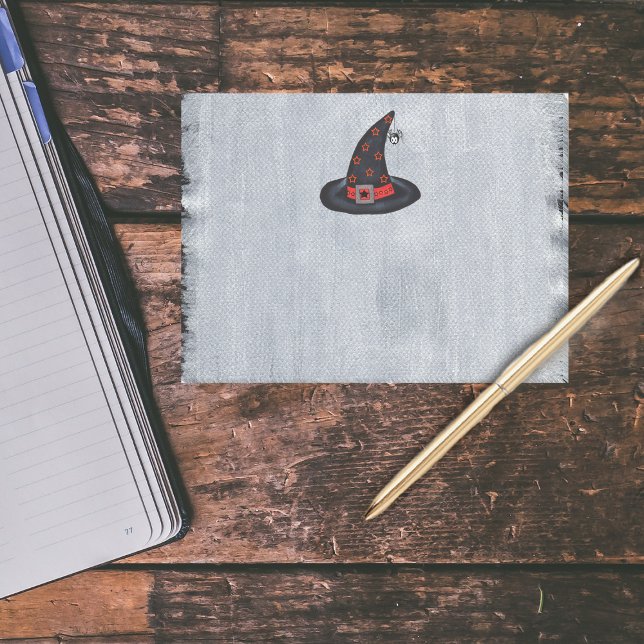 Black Hexenhut stars Niedlich Spiole Halloween Post-it Klebezettel (Black witch hat with orange stars buckle and cute spider on painted texture white post it notes.)