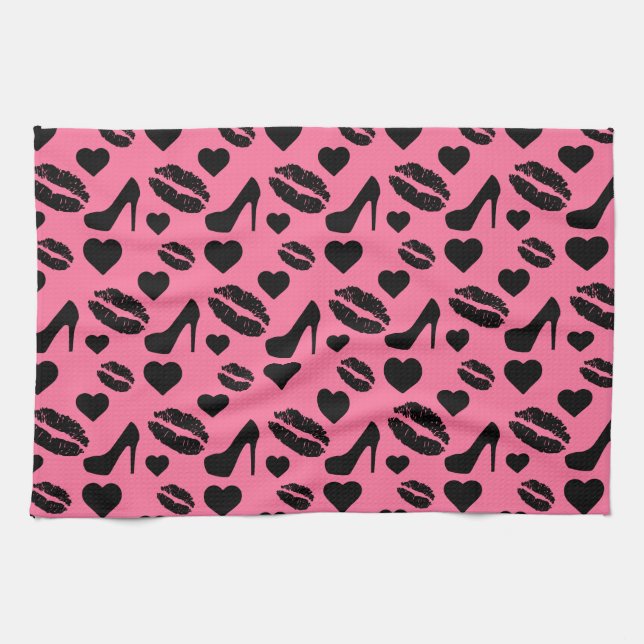 Black High Heels Kisses Lift Girly Makeup Hearts Geschirrtuch (Horizontal)
