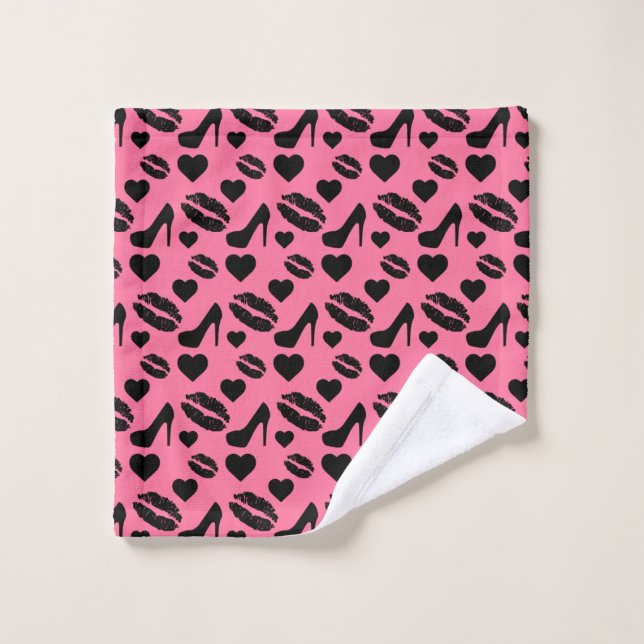 Black High Heels Kisses Lips Girly Makeup Hearts (Gant de toilette)