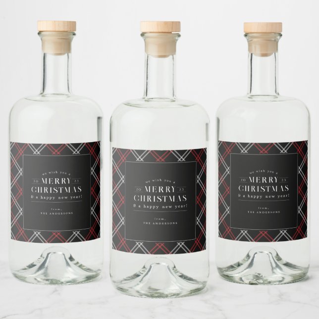 Black Holiday Plaid Christmas Alkoholflaschenetikett (Flaschen)