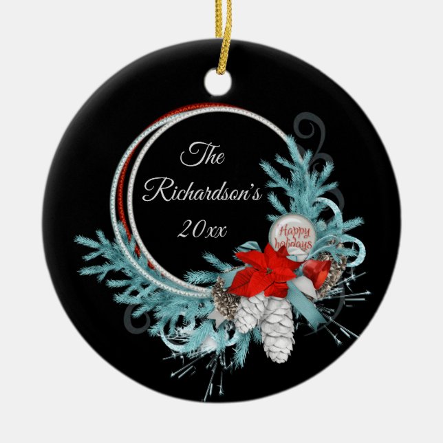 Black Holiday Wreath Personalisiert Keramik Ornament (Vorne)