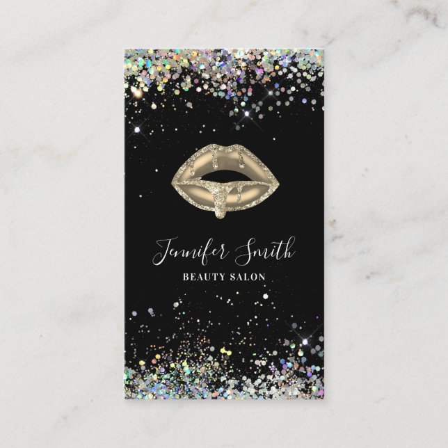 Black Holographic Glitzer Makeup Artist Gold Lips Visitenkarte (Vorderseite)