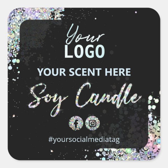 Black Holographic Glitzer Soy Candle Labels Quadratischer Aufkleber (Vorderseite)