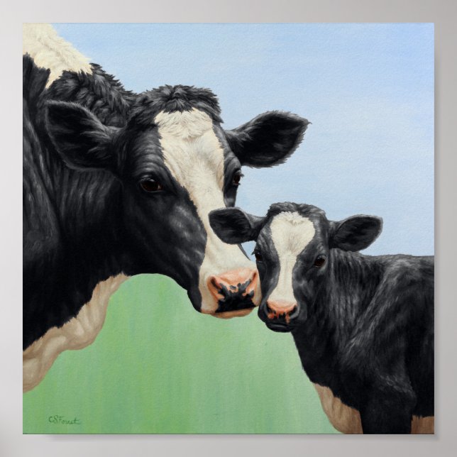 Black Holstein Cow & Niedlich Calf Poster (Vorne)
