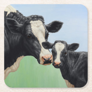 Black Holstein Cow & Niedlich Calf Rechteckiger Pappuntersetzer