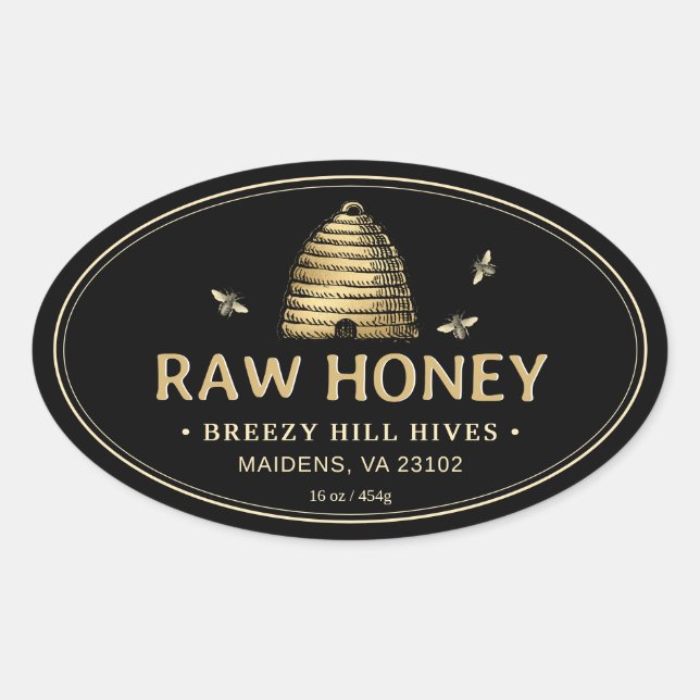 Black Honey Label Gold Skep Bienen doppelte Grenze Ovaler Aufkleber (Vorderseite)