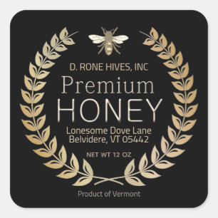 Black Honey Label Heraldic Bee Gold Laurel Wreath Quadratischer Aufkleber