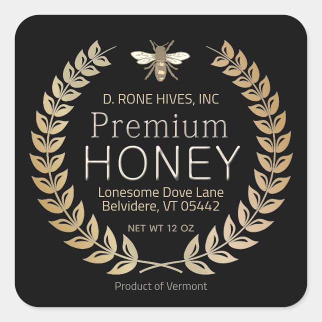 Black Honey Label Heraldic Bee Gold Laurel Wreath Quadratischer Aufkleber (Vorderseite)