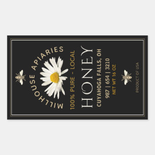 Black Honey Label mit Honigbienen und Daisy Rechteckiger Aufkleber