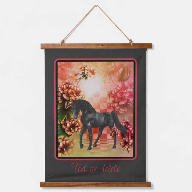 Black Horse Blume Fantasy Art Personalisiert Wandteppich Mit Holzrahmen (Vorderseite)